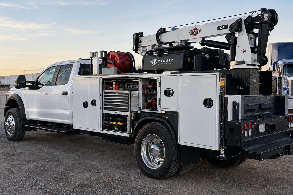 Mobile diesel service truck with a crane, air compressor, and open tool compartments