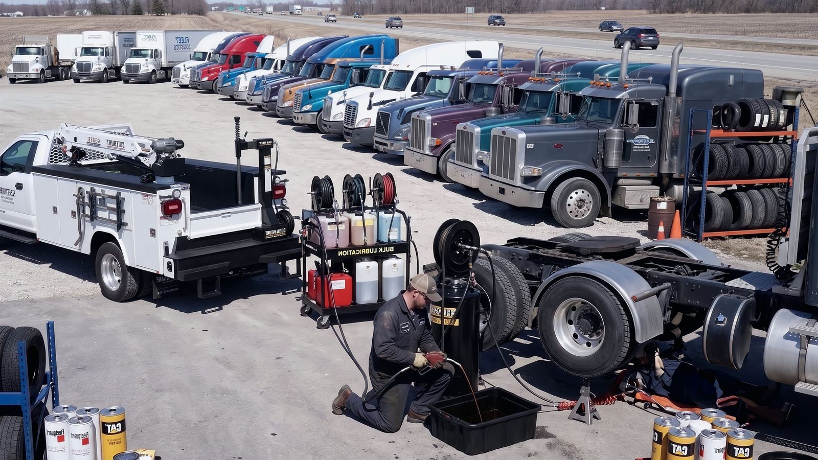 Mobile diesel mechanic servicing a semi tractor in a truck lot beside a service truck
