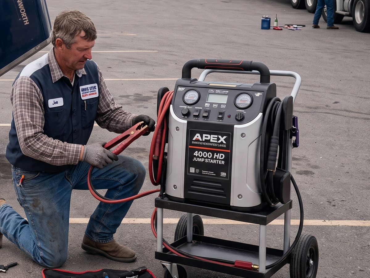 Mechanic holding jumper cables from a heavy-duty jump starter beside a semi truck