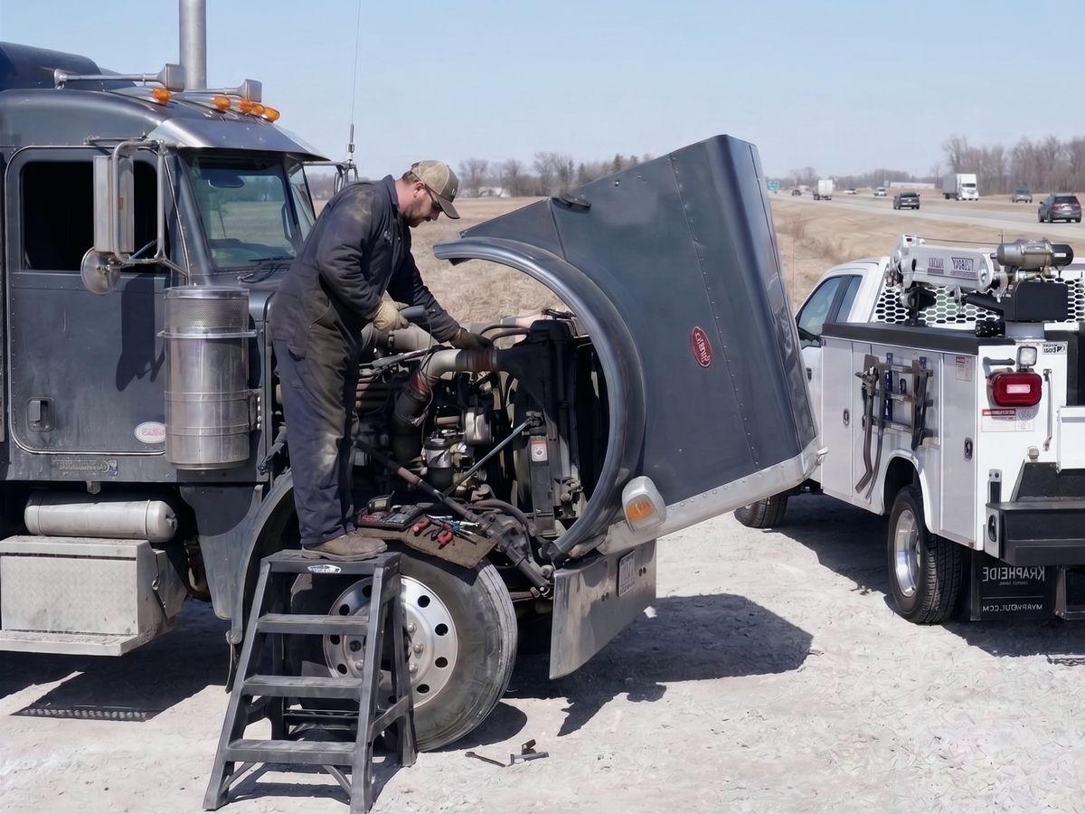 Mobile diesel mechanic working on the engine of a semi truck on a roadside shoulder, with a service truck parked alongside