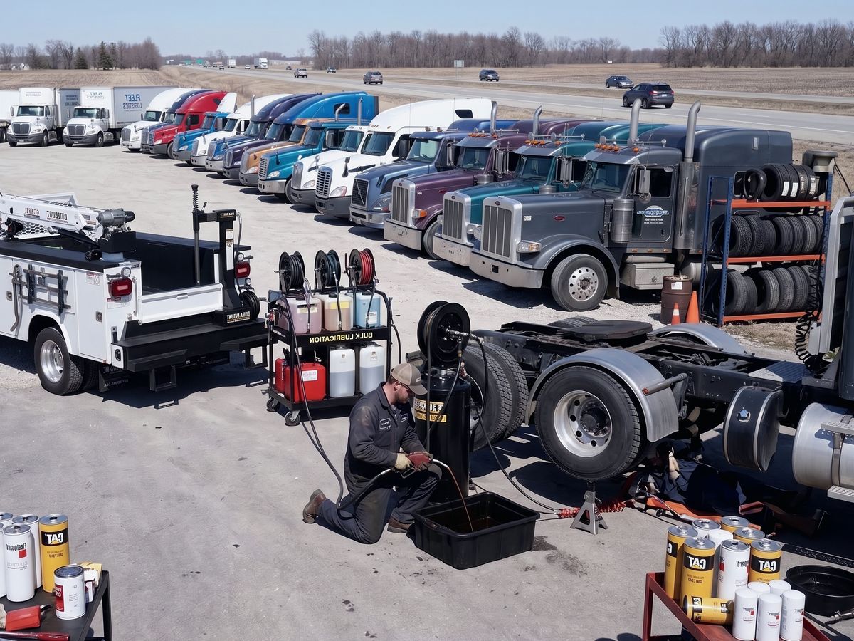 Mechanic draining oil from a fleet tractor, with a row of trucks and a service truck in the yard