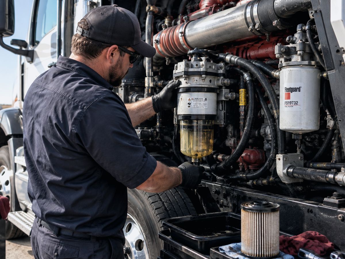 Mechanic servicing the fuel filter and water separator on a diesel truck engine