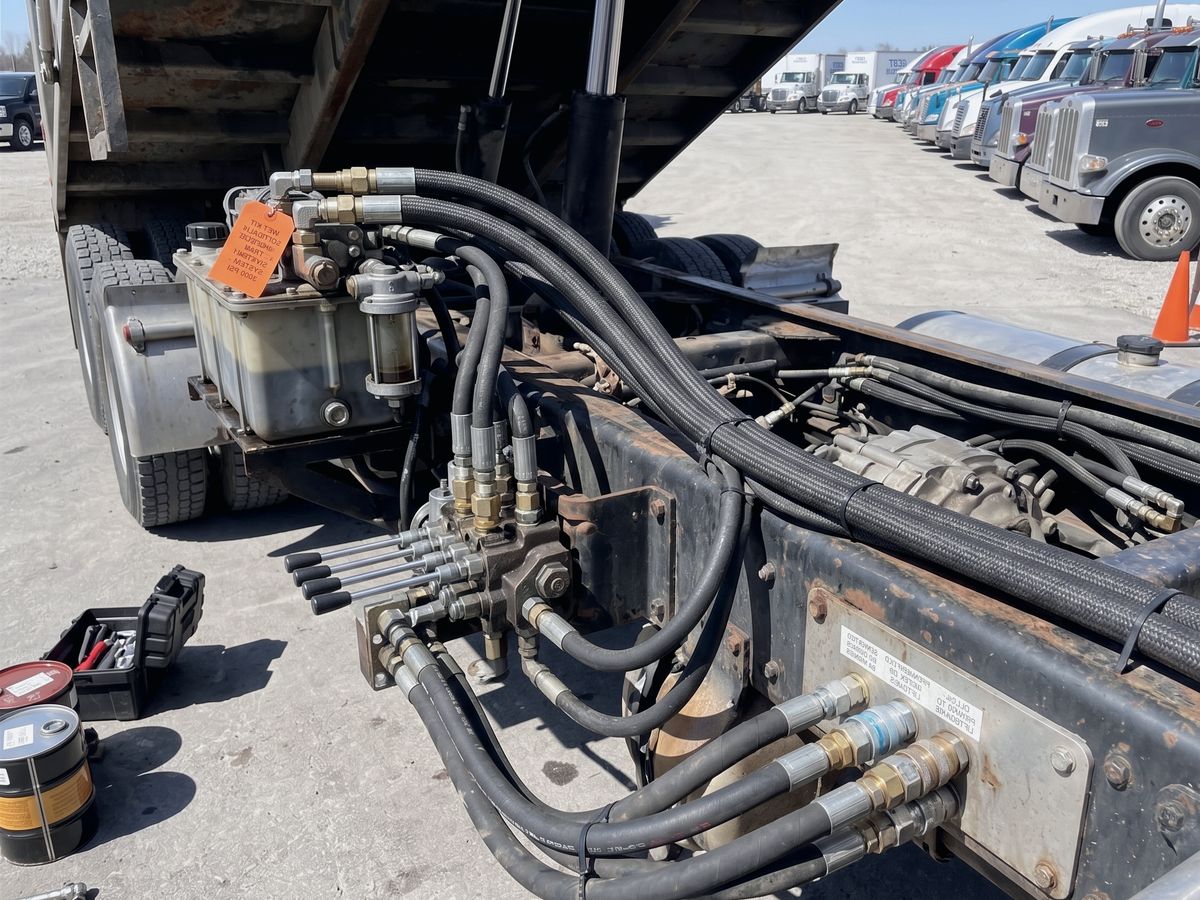 Hydraulic hoses, control valves, and reservoir on a dump truck wet kit