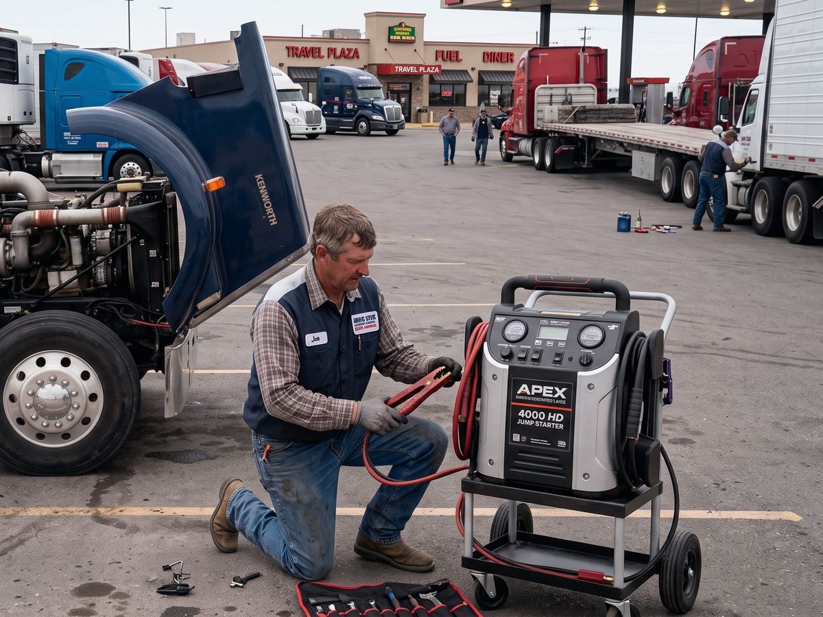 Mechanic connecting a heavy-duty jump starter to a semi truck in a truck stop lot
