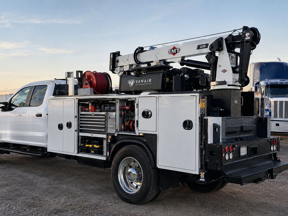 Mobile diesel service truck with a crane, air compressor, and open tool compartments parked in a truck lot